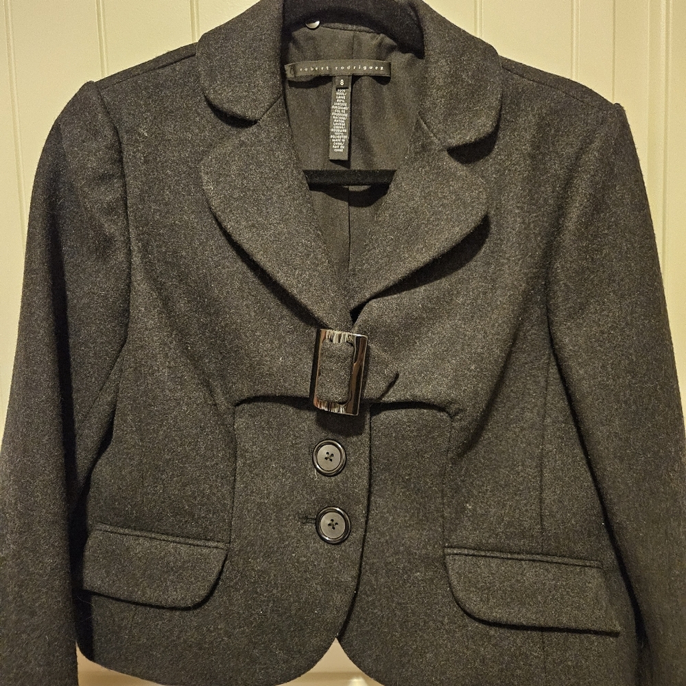 Robert Rodriguez Charcoal Wool Blend Jacket Coat with Buckle, Ruffle Details Sz8